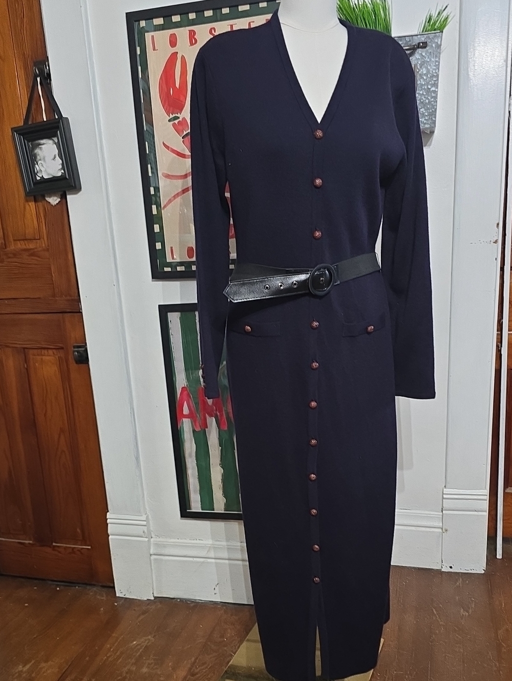 Vintage Kasper Navy Button-Front Long Sweater Dress Large